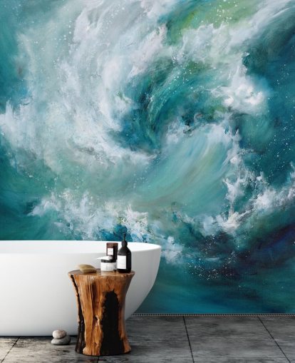blue and white customizable abstract ocean wallpaper mural called Sea Crash by Alison Johnson for bathrooms and kitchens