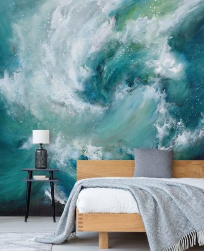 carta da parati murale astratta blu e bianca personalizzabile chiamata Sea Crash di Alison Johnson per bagni e cucine carta da parati murale astratta blu e bianca personalizzabile chiamata Sea Crash di Alison Johnson per bagni e cucine