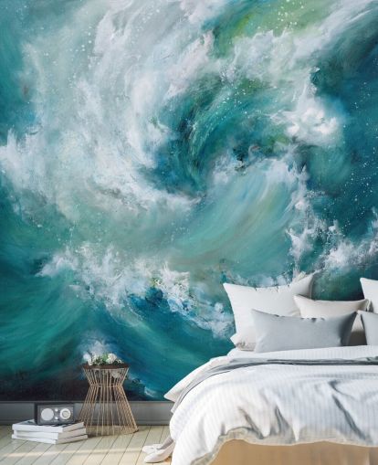 mural de papel de parede oceânico abstrato personalizável em azul e branco chamado Sea Crash, de Alison Johnson, para banheiros e cozinhas mural de papel de parede oceânico abstrato personalizável em azul e branco chamado Sea Crash, de Alison Johnson, para banheiros e cozinhas