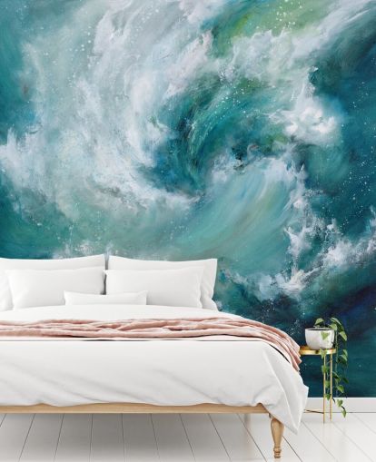 blauw-witte aanpasbare abstracte oceaanbehangmuurschildering genaamd Sea Crash van Alison Johnson voor badkamers en keukens blauw-witte aanpasbare abstracte oceaanbehangmuurschildering genaamd Sea Crash van Alison Johnson voor badkamers en keukens