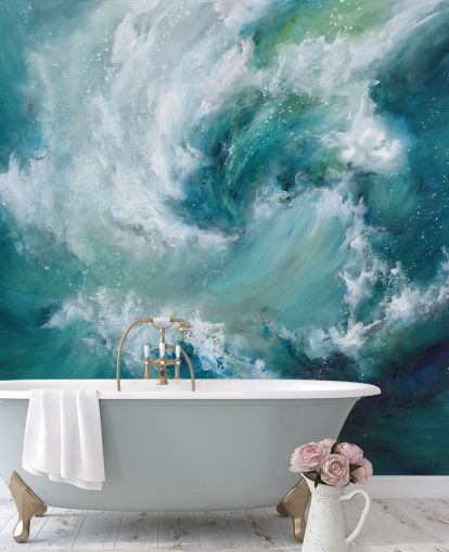 blue and white customizable abstract ocean wallpaper mural called Sea Crash by Alison Johnson for bathrooms and kitchens