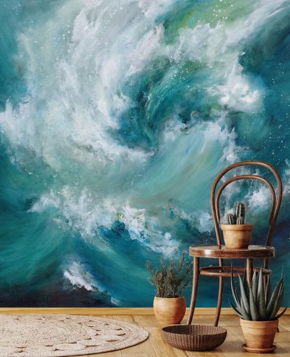 carta da parati murale astratta blu e bianca personalizzabile chiamata Sea Crash di Alison Johnson per bagni e cucine