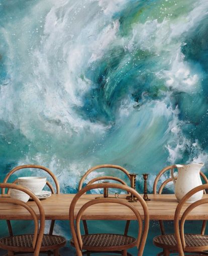 papier peint mural abstrait personnalisable bleu et blanc appelé Sea Crash par Alison Johnson pour les salles de bain et les cuisines