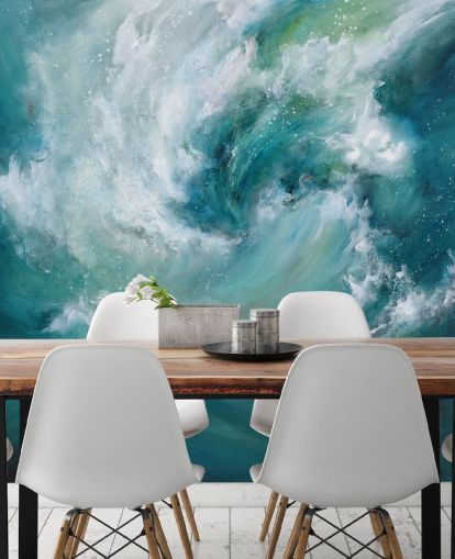 blue and white customizable abstract ocean wallpaper mural called Sea Crash by Alison Johnson for bathrooms and kitchens