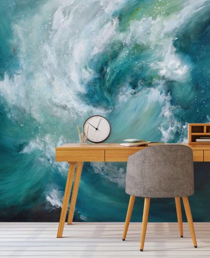 mural de papel de parede oceânico abstrato personalizável em azul e branco chamado Sea Crash, de Alison Johnson, para banheiros e cozinhas mural de papel de parede oceânico abstrato personalizável em azul e branco chamado Sea Crash, de Alison Johnson, para banheiros e cozinhas