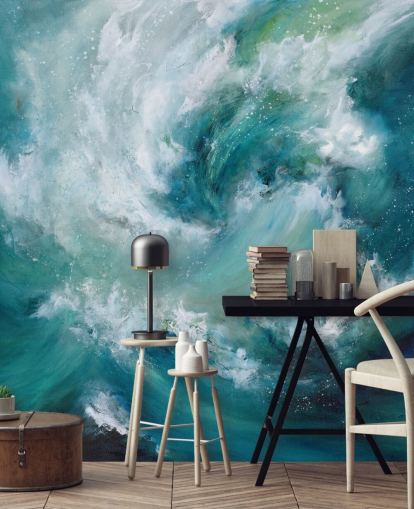 blue and white customisable abstract ocean wallpaper mural called Sea Crash by Alison Johnson for bathrooms and kitchens