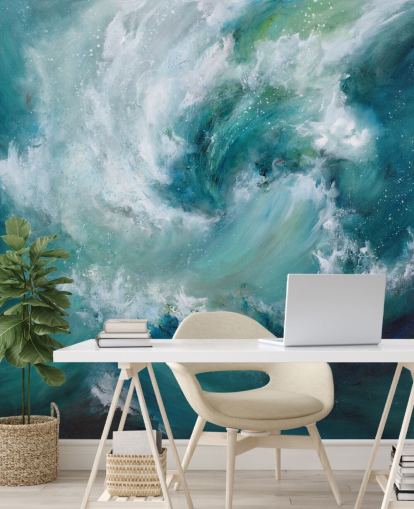 papier peint mural abstrait personnalisable bleu et blanc appelé Sea Crash par Alison Johnson pour les salles de bain et les cuisines