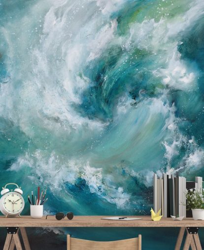 blauw-witte aanpasbare abstracte oceaanbehangmuurschildering genaamd Sea Crash van Alison Johnson voor badkamers en keukens blauw-witte aanpasbare abstracte oceaanbehangmuurschildering genaamd Sea Crash van Alison Johnson voor badkamers en keukens