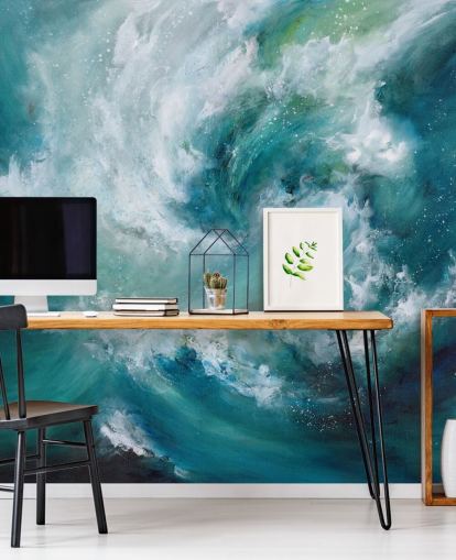 blue and white customisable abstract ocean wallpaper mural called Sea Crash by Alison Johnson for bathrooms and kitchens
