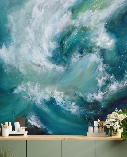 blauw-witte aanpasbare abstracte oceaanbehangmuurschildering genaamd Sea Crash van Alison Johnson voor badkamers en keukens blauw-witte aanpasbare abstracte oceaanbehangmuurschildering genaamd Sea Crash van Alison Johnson voor badkamers en keukens