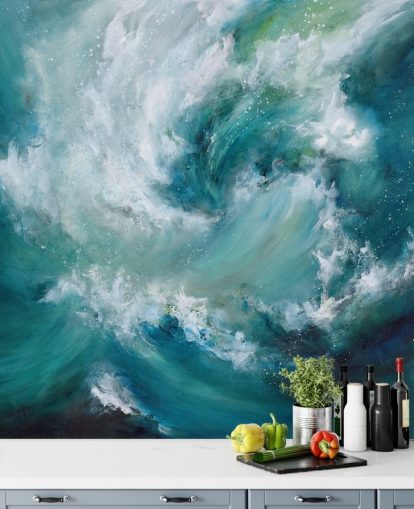 blue and white customizable abstract ocean wallpaper mural called Sea Crash by Alison Johnson for bathrooms and kitchens