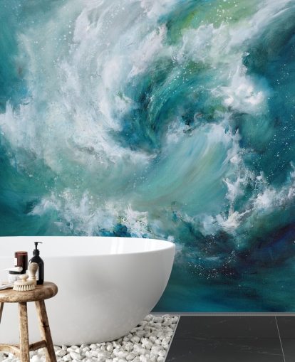 blauw-witte aanpasbare abstracte oceaanbehangmuurschildering genaamd Sea Crash van Alison Johnson voor badkamers en keukens blauw-witte aanpasbare abstracte oceaanbehangmuurschildering genaamd Sea Crash van Alison Johnson voor badkamers en keukens