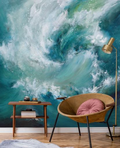 mural de papel de parede oceânico abstrato personalizável em azul e branco chamado Sea Crash, de Alison Johnson, para banheiros e cozinhas