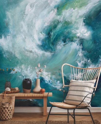 carta da parati murale astratta blu e bianca personalizzabile chiamata Sea Crash di Alison Johnson per bagni e cucine