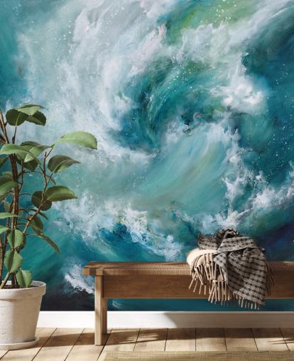 carta da parati murale astratta blu e bianca personalizzabile chiamata Sea Crash di Alison Johnson per bagni e cucine