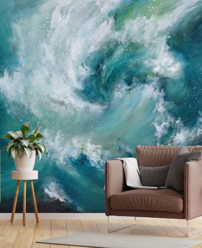 mural de papel pintado oceánico abstracto personalizable en blanco y azul llamado Sea Crash de Alison Johnson para baños y cocinas mural de papel pintado oceánico abstracto personalizable en blanco y azul llamado Sea Crash de Alison Johnson para baños y cocinas