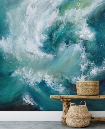 blue and white customizable abstract ocean wallpaper mural called Sea Crash by Alison Johnson for bathrooms and kitchens