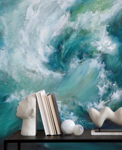 mural de papel pintado oceánico abstracto personalizable en blanco y azul llamado Sea Crash de Alison Johnson para baños y cocinas