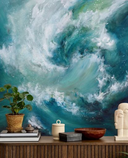 blue and white customisable abstract ocean wallpaper mural called Sea Crash by Alison Johnson for bathrooms and kitchens