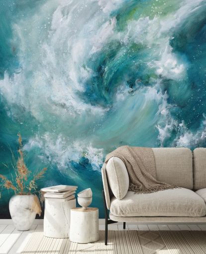 carta da parati murale astratta blu e bianca personalizzabile chiamata Sea Crash di Alison Johnson per bagni e cucine carta da parati murale astratta blu e bianca personalizzabile chiamata Sea Crash di Alison Johnson per bagni e cucine