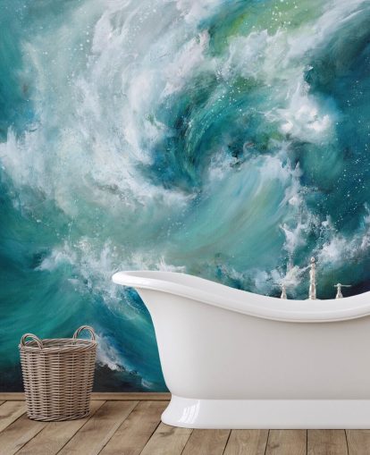 mural de papel de parede oceânico abstrato personalizável em azul e branco chamado Sea Crash, de Alison Johnson, para banheiros e cozinhas mural de papel de parede oceânico abstrato personalizável em azul e branco chamado Sea Crash, de Alison Johnson, para banheiros e cozinhas