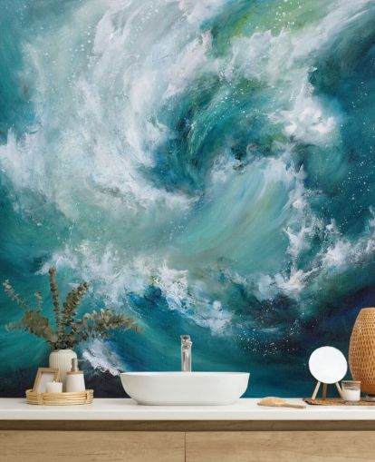 papier peint mural abstrait personnalisable bleu et blanc appelé Sea Crash par Alison Johnson pour les salles de bain et les cuisines
