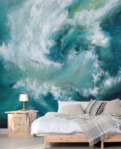 carta da parati murale astratta blu e bianca personalizzabile chiamata Sea Crash di Alison Johnson per bagni e cucine carta da parati murale astratta blu e bianca personalizzabile chiamata Sea Crash di Alison Johnson per bagni e cucine