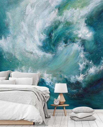 mural de papel pintado oceánico abstracto personalizable en blanco y azul llamado Sea Crash de Alison Johnson para baños y cocinas mural de papel pintado oceánico abstracto personalizable en blanco y azul llamado Sea Crash de Alison Johnson para baños y cocinas