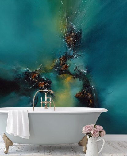 blauwe aanpasbare abstracte behangmuurschildering genaamd Sky Spirit van Alison Johnson voor slaapkamers, badkamers en meer