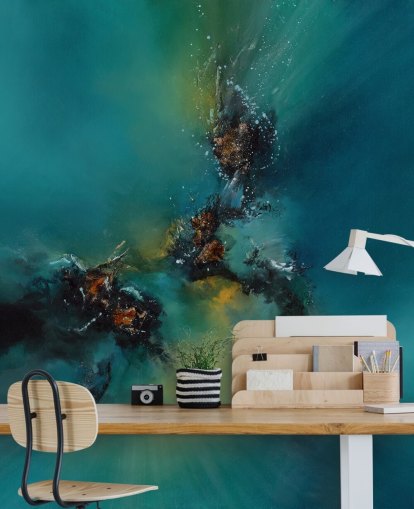 blauwe aanpasbare abstracte behangmuurschildering genaamd Sky Spirit van Alison Johnson voor slaapkamers, badkamers en meer