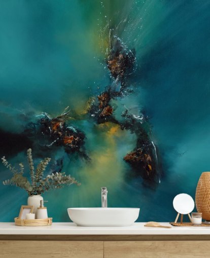 blauwe aanpasbare abstracte behangmuurschildering genaamd Sky Spirit van Alison Johnson voor slaapkamers, badkamers en meer