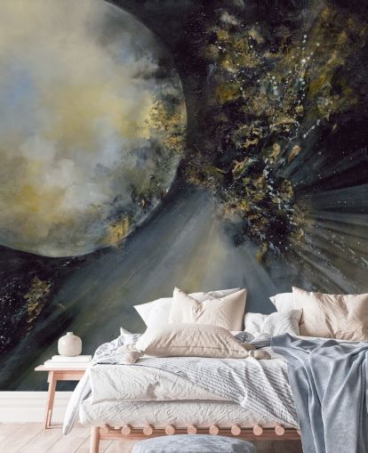 mural de papel pintado abstracto dorado, blanco y negro llamado Talking to the Moon de Alison Johnson para dormitorios mural de papel pintado abstracto dorado, blanco y negro llamado Talking to the Moon de Alison Johnson para dormitorios