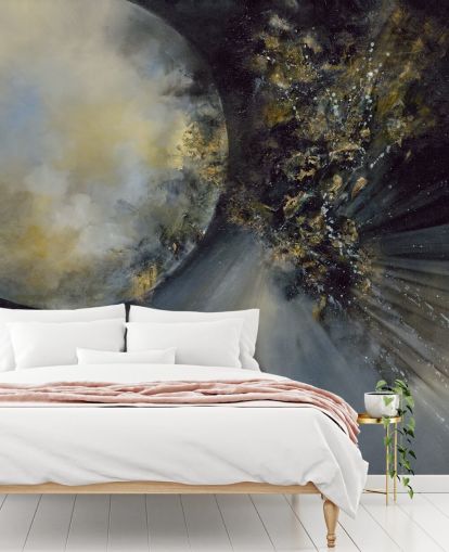 gold, black and white abstract wallpaper mural called Talking to the Moon by Alison Johnson for bedrooms gold, black and white abstract wallpaper mural called Talking to the Moon by Alison Johnson for bedrooms