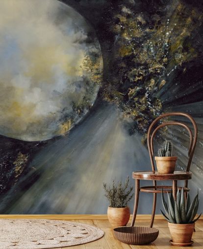 gold, black and white abstract wallpaper mural called Talking to the Moon by Alison Johnson for bedrooms