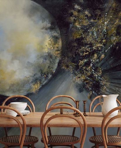 gold, black and white abstract wallpaper mural called Talking to the Moon by Alison Johnson for bedrooms