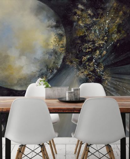 gold, black and white abstract wallpaper mural called Talking to the Moon by Alison Johnson for bedrooms