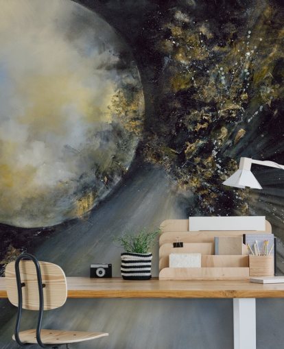 gold, black and white abstract wallpaper mural called Talking to the Moon by Alison Johnson for bedrooms gold, black and white abstract wallpaper mural called Talking to the Moon by Alison Johnson for bedrooms