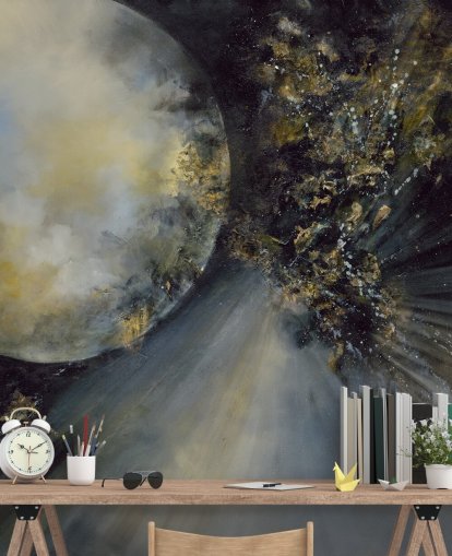 gold, black and white abstract wallpaper mural called Talking to the Moon by Alison Johnson for bedrooms