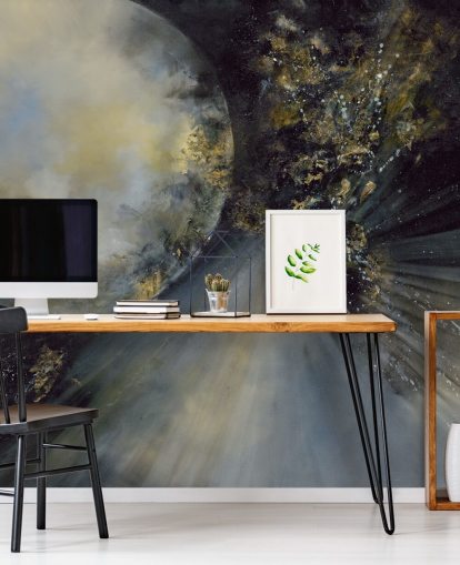 gouden, zwart-witte abstracte behangmuurschildering genaamd Talking to the Moon van Alison Johnson voor slaapkamers gouden, zwart-witte abstracte behangmuurschildering genaamd Talking to the Moon van Alison Johnson voor slaapkamers