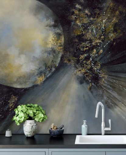 gold, black and white abstract wallpaper mural called Talking to the Moon by Alison Johnson for bedrooms