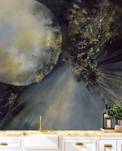 gold, black and white abstract wallpaper mural called Talking to the Moon by Alison Johnson for bedrooms