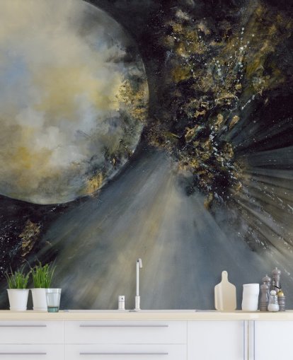 gold, black and white abstract wallpaper mural called Talking to the Moon by Alison Johnson for bedrooms