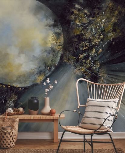 gold, black and white abstract wallpaper mural called Talking to the Moon by Alison Johnson for bedrooms