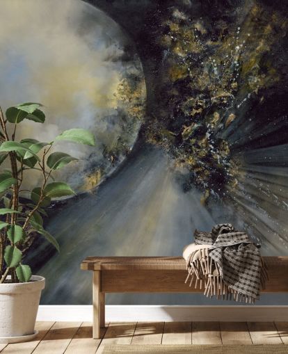 mural de papel pintado abstracto dorado, blanco y negro llamado Talking to the Moon de Alison Johnson para dormitorios