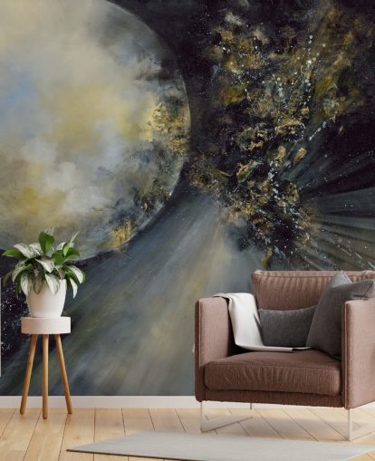 gold, black and white abstract wallpaper mural called Talking to the Moon by Alison Johnson for bedrooms gold, black and white abstract wallpaper mural called Talking to the Moon by Alison Johnson for bedrooms