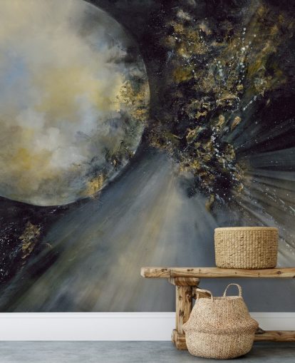 guld, svart och vitt abstrakt tapetväggmålning som heter Talking to the Moon av Alison Johnson för sovrum