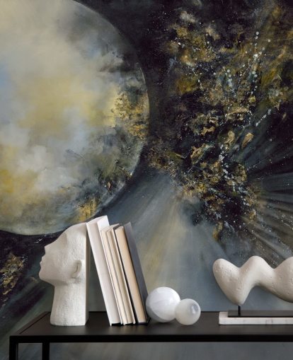 gold, black and white abstract wallpaper mural called Talking to the Moon by Alison Johnson for bedrooms