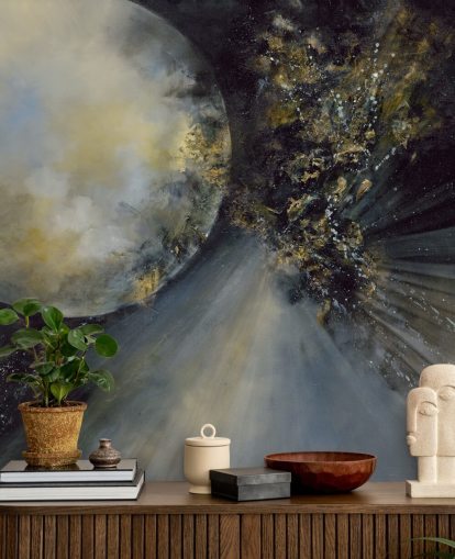 gold, black and white abstract wallpaper mural called Talking to the Moon by Alison Johnson for bedrooms