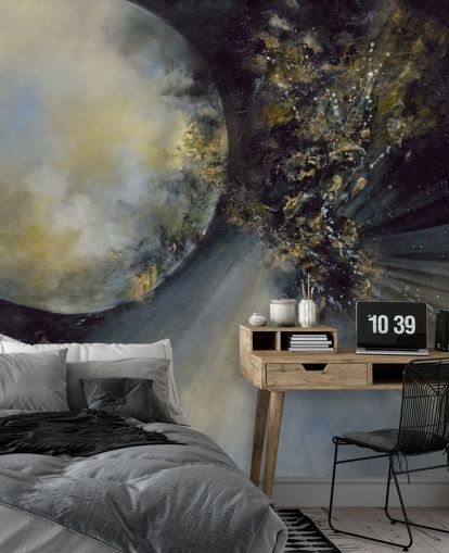 gold, black and white abstract wallpaper mural called Talking to the Moon by Alison Johnson for bedrooms
