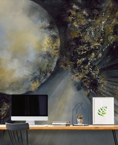 gold, black and white abstract wallpaper mural called Talking to the Moon by Alison Johnson for bedrooms